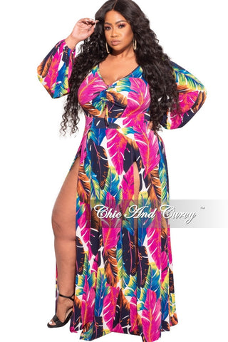 Final Sale Plus Size Ruched Maxi Dress with Double Slits in Multi-Color Leaf Print
