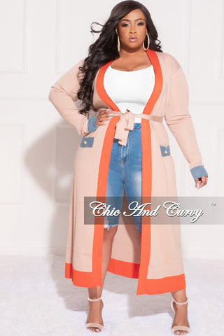 Final Sale Plus Size Sweater Duster with Tie in Tan Orange & Baby Blue