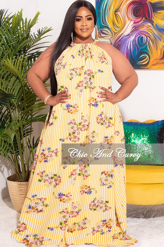 Final Sale Plus Size Long Halter Dress with Back Tie in Striped  Floral Print