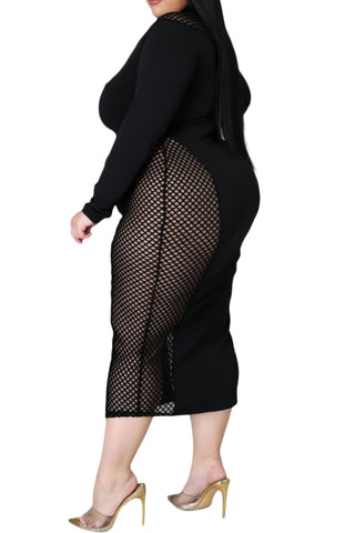Final Sale Plus Size Bodycon Dress with Net Insets in Black