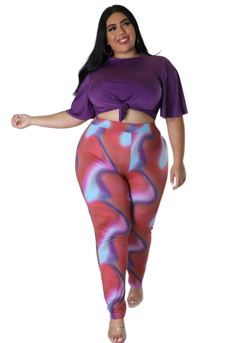 Final Sale Plus Size 2pc Set Top & High Waist Pants in Purple Multi-Color Print