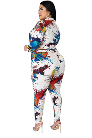 Final Sale Plus Size 2-pc Self Tie Top & Pants Set in Off White Multi-Color Print Fall