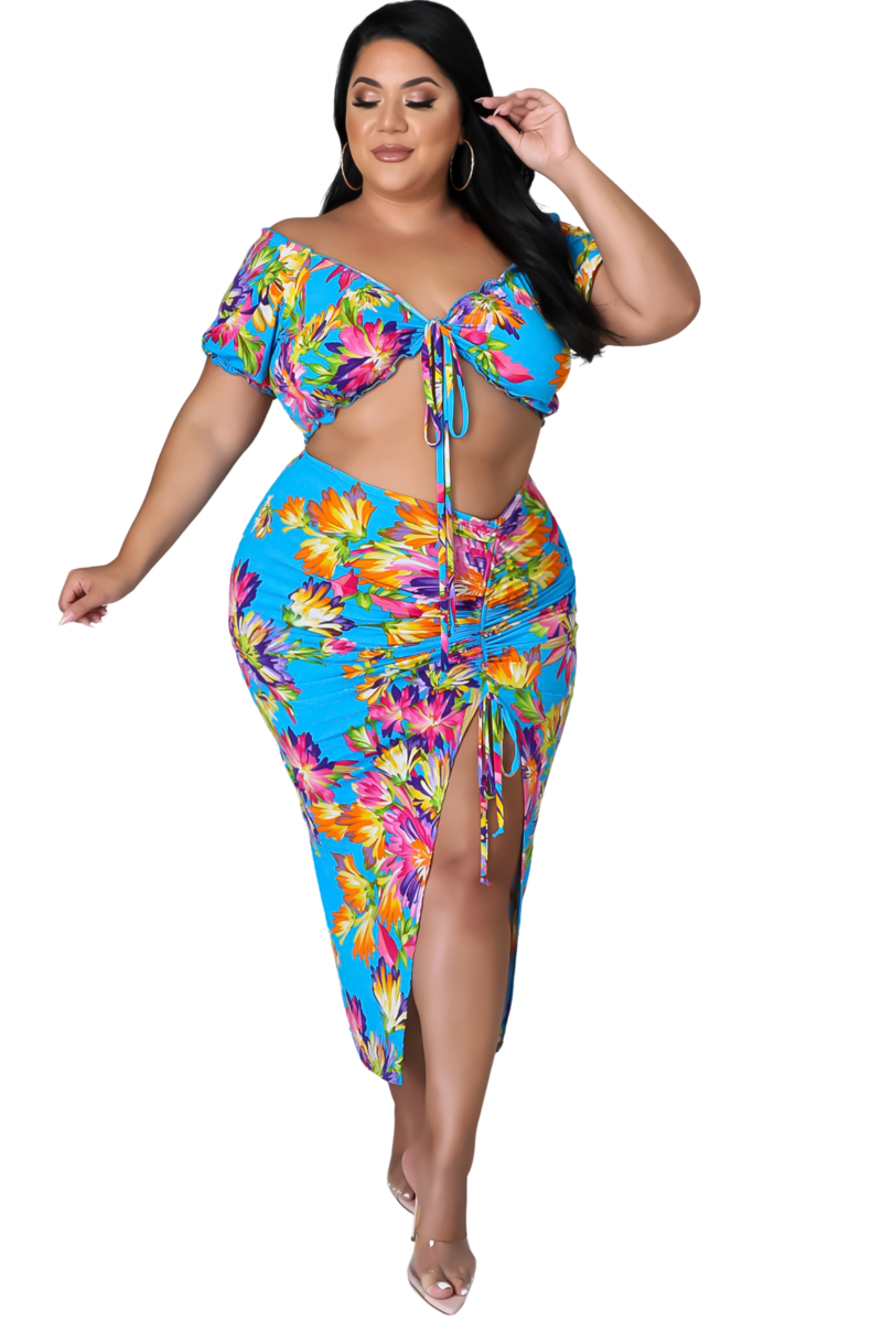 Final Sale Plus Size 2pc Set Crop Top & Skirt in Turquoise Floral Print