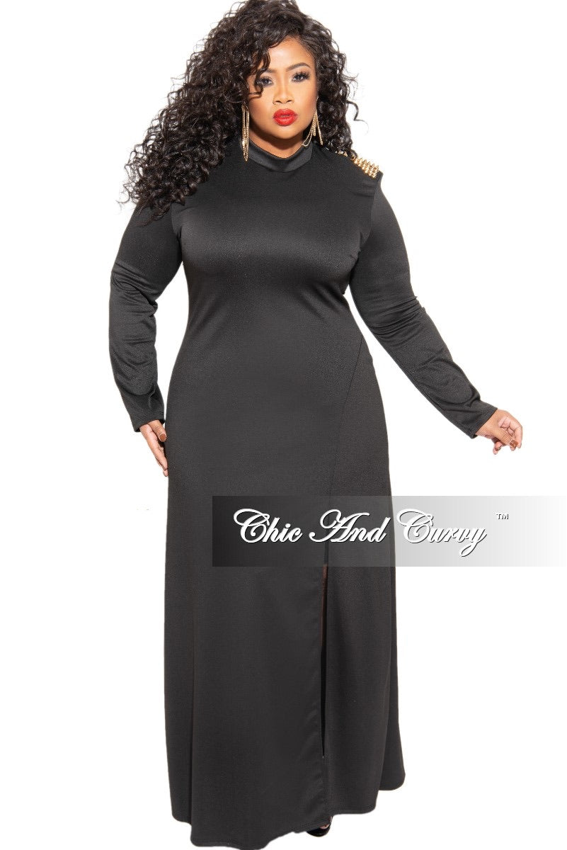 Final Sale Plus Size Dress with Spiked Shoulder Applique and Front Side Slit in Black