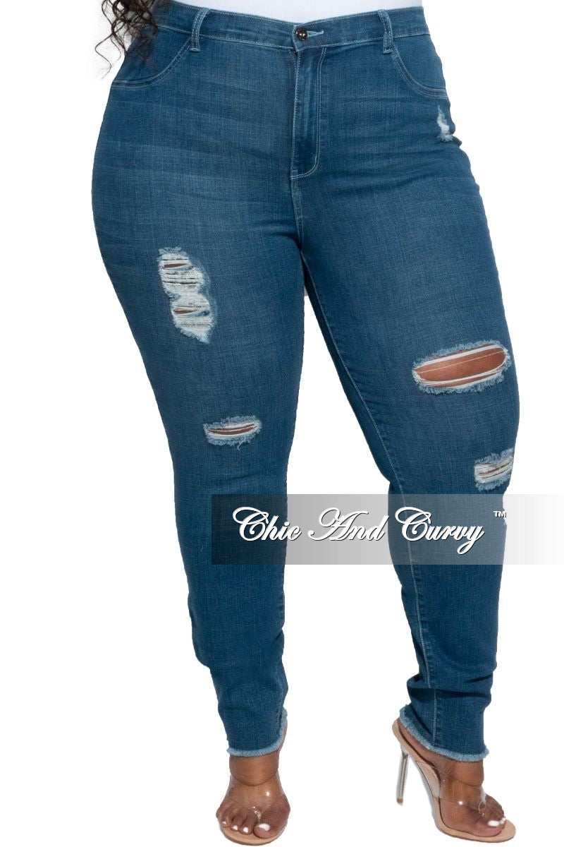 Final Sale Plus Size Denim Jeans with Light Distressing in Medium Denim Blue