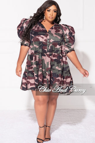 Final Sale Plus Size Short Puffy Sleeve 3-Tiered Button Up Collar Baby Doll Dress in Camouflage Print