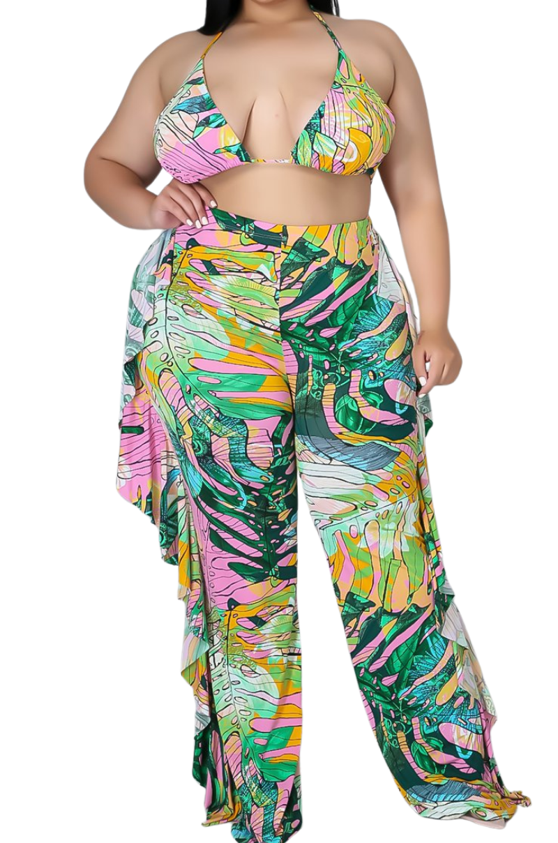Final Sale Plus Size 3pc Poolside Playsuit (Bikini Top, High Waist Bottoms & Pants) Set in Pink & Green Print