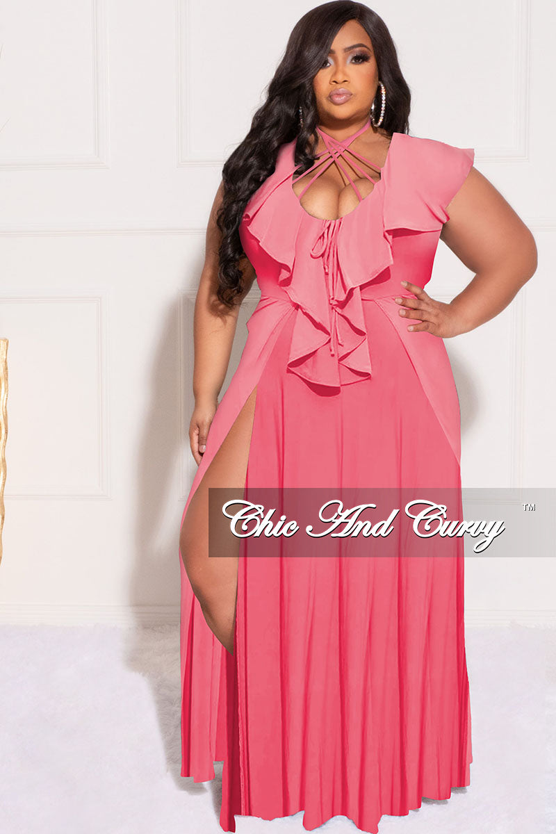 Final Sale Plus Size Sundress Maxi Dress with Double Slits in Coral