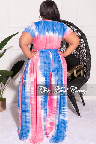 Final Sale Plus Size 2pc Set Cropped Tie Top & Pants in Pink, Blue, and White Tie Dye Print