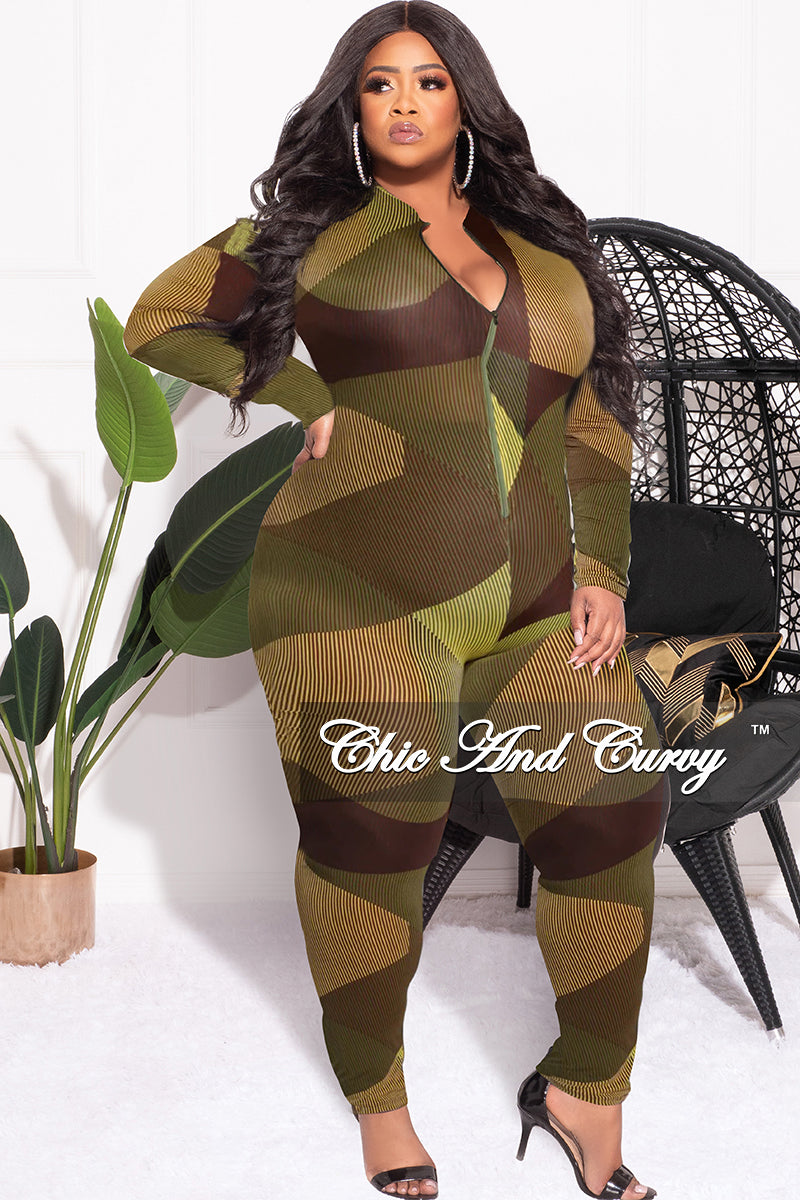 Final Sale Plus Size Collar Zip Up Jumpsuit in Olive and Brown Design Print