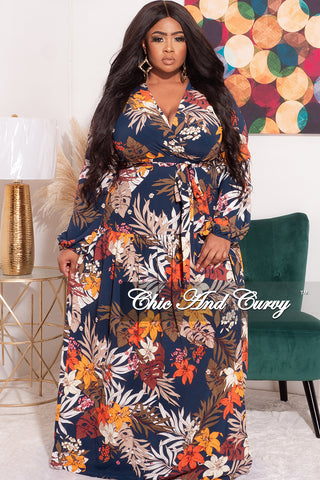 Final Sale Plus Size Faux Wrap Dress With Tie and Side Slit in Navy Multi Color Floral Print