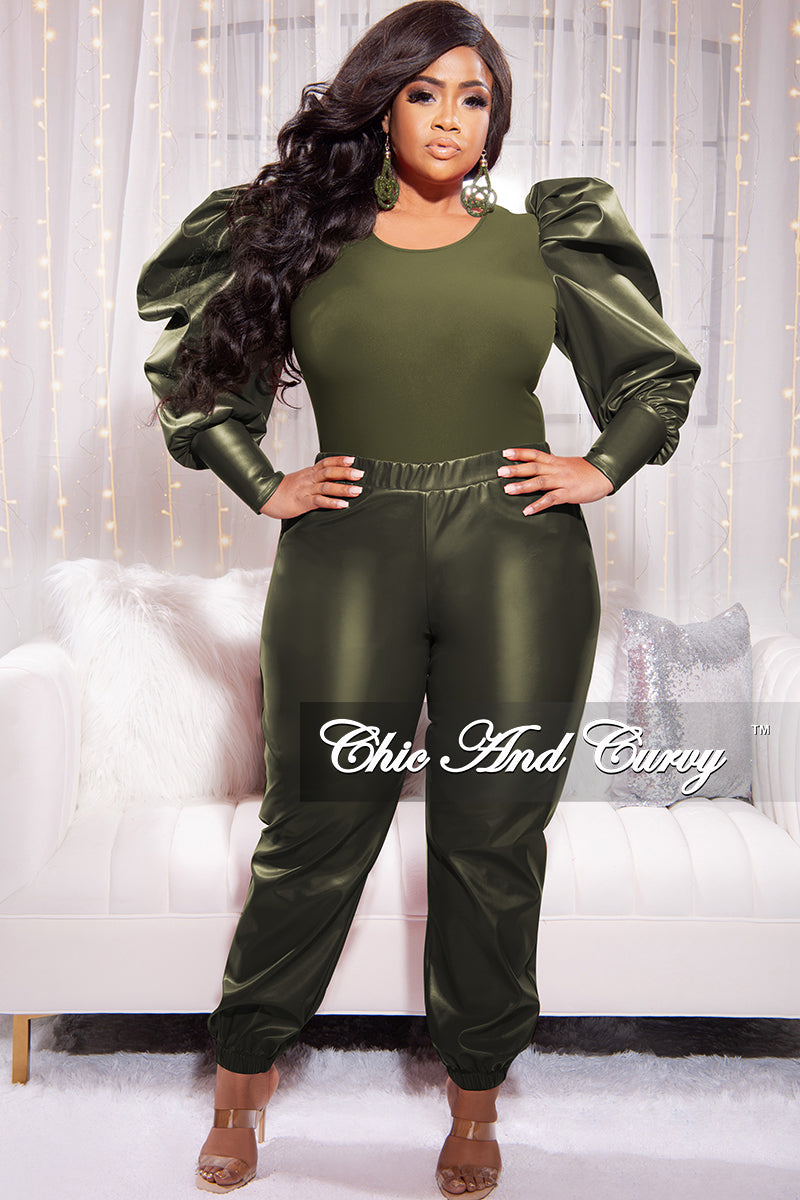 Final Sale Plus Size 2pc Faux Leather Puff Sleeve Top and Pants Set in Olive