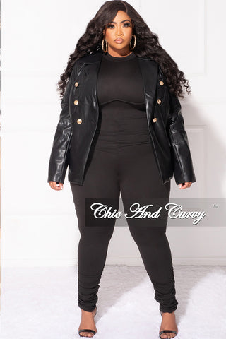 Final Sale Plus Size Faux Leather Blazer Jacket in Black with Gold Accents