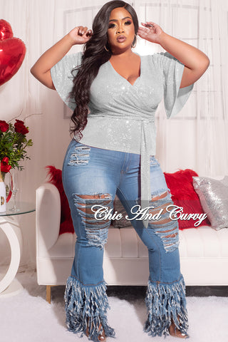 Final Sale Plus Size Faux Wrap Top with Tie in Faux Sequin Dot Fabric in Silver Iridescent