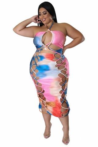 Final Sale Plus Size Lace Up BodyCon Dress with Halter Back in Blue, Orange & Pink