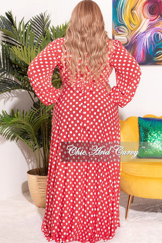 Final Sale Plus Size 2pc Long Sleeve Crop Tie Top and Skirt Set in Red with White Polka Dots