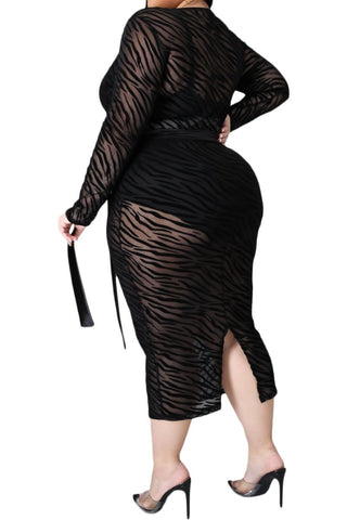 Final Sale Plus Size Tiger Print Sheer Mesh Panel Dress in Black