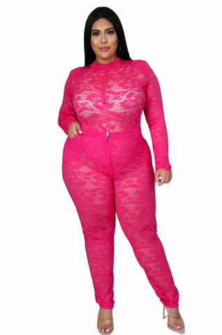 Final Sale Plus Size 2pc Lace Bodysuit & Pants in Fuchsia