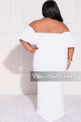 Final Sale Plus Size Off the Shoulder Ruffle Overlay Maxi Gown in White