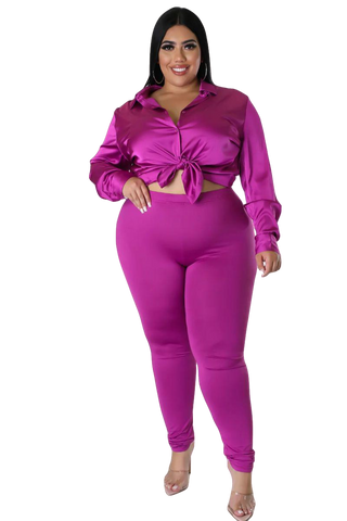 Final Sale Plus Size 2pc Button Up Collar Satin Top and Pants Set in Berry