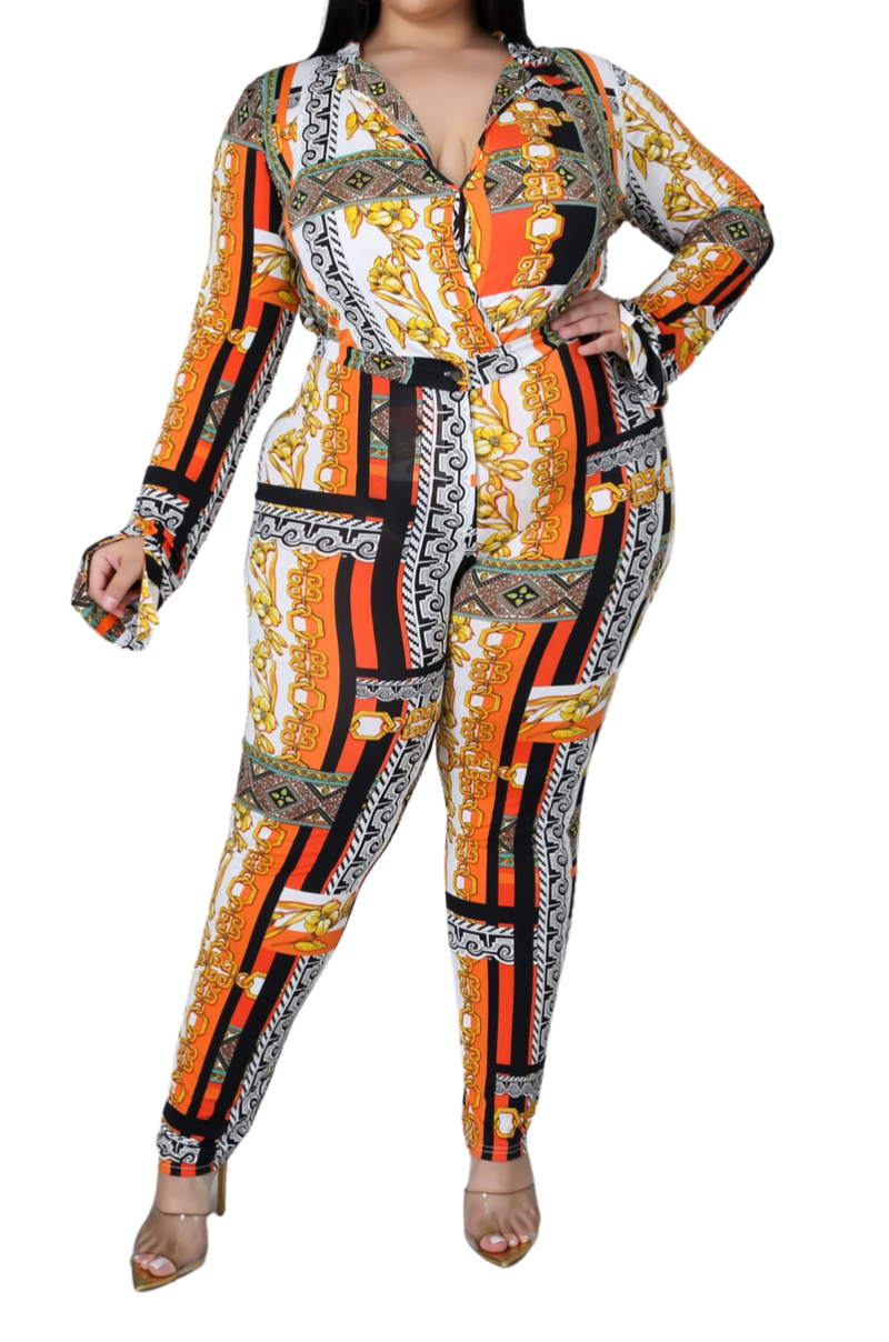 Final Sale Plus Size 2pc (Bodysuit & Pants) Set in Orange Gold Print