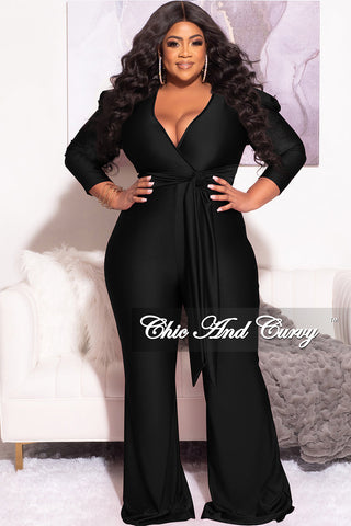 Final Plus Size Faux Wrap 3/4 Sleeve Shiny Jumpsuit in Black