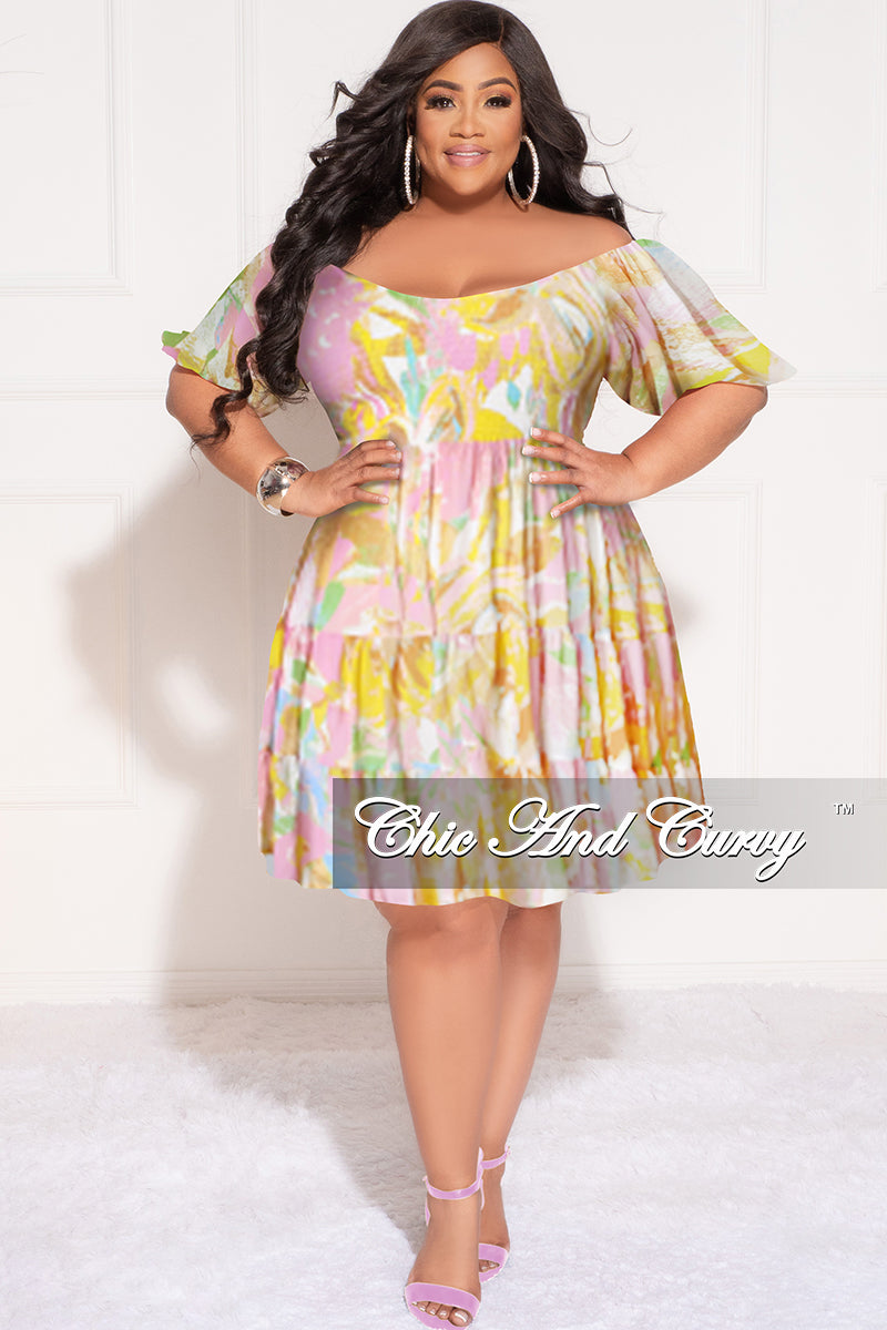 Final Sale Plus Size Smocked Chiffon Dress in Pink & Yellow Print ...