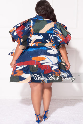 Final Sale Plus Size 3-Tiered Button Up Baby Doll Dress with Flutter Sleeves in Navy Orange and Olive MultiColor Print