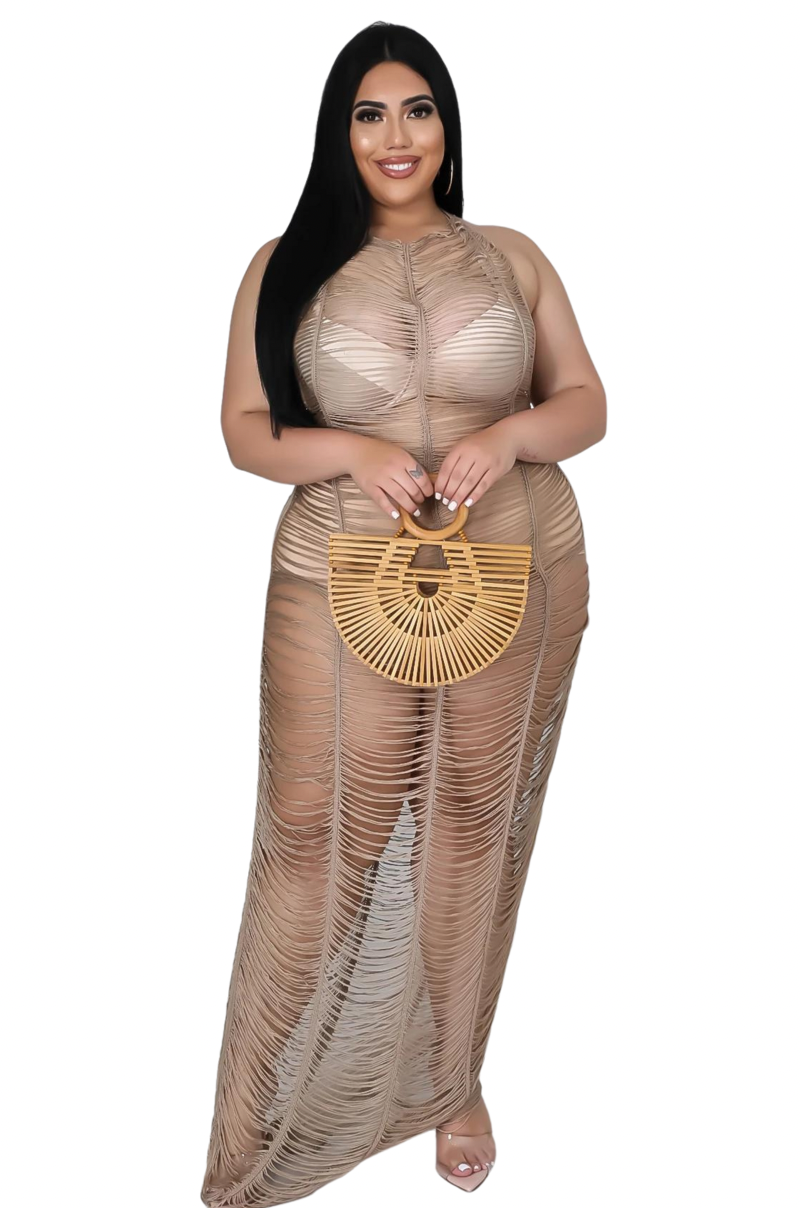 Final Sale Plus Size See thru Halter Dress Cover up in Mocha