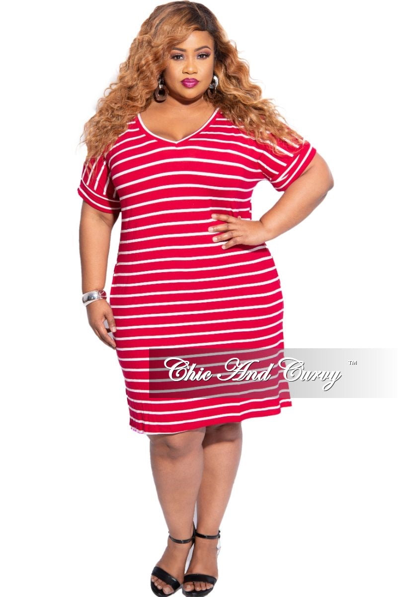 Final Plus Size Rolled Sleeve V-Neck Dress in Burgundy with Ivory Stripes