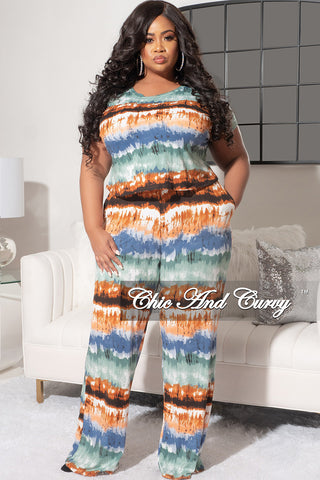 Final Sale Plus Size 2Pc Set with Crop Top & Pants in Teal Multi-Color Print