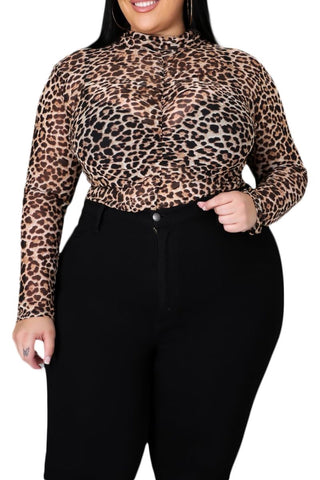 Final Sale Plus Size Mesh Top with Middle Ruching in Cheetah Print