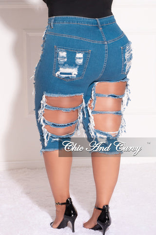 Final Sale Plus Size Bermuda Shorts Extremely Distressed in Blue (No Side Fringe)