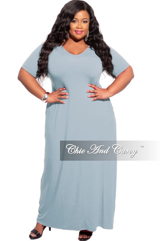 Final Sale Plus Size Short Sleeve Pocket Maxi Dress in Grey Blue