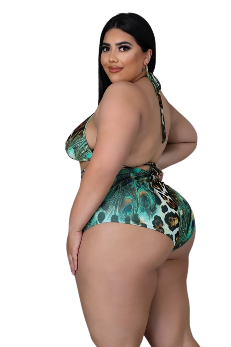 Final Sale Plus Size 3pc Poolside Playsuit Set (Top, High Waist Bottoms & Sheer Ruffle Pants) in Mix Animal Print