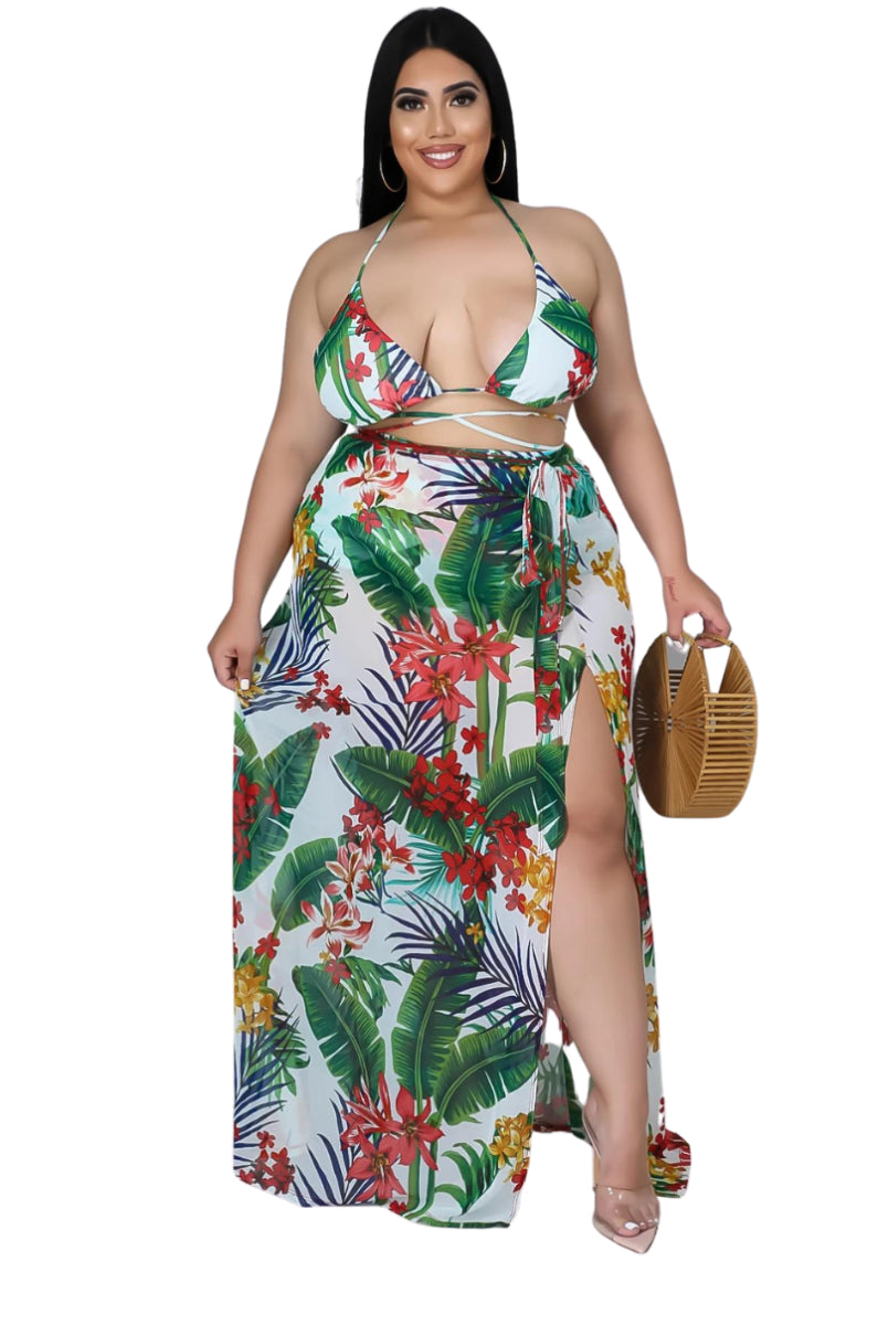 Final Sale Plus Size 3pc Set Bikini Top, Briefs & Skirt in White Tropical Print