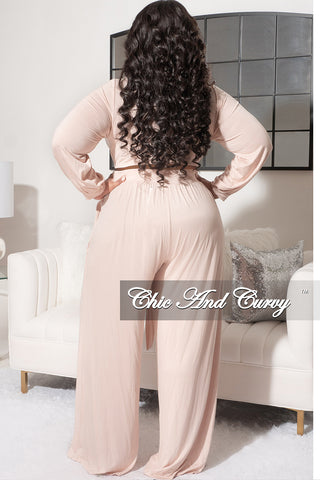 Final Sale Plus Size 2pc Long Sleeve Tie Top and Pants Set in Nude Love
