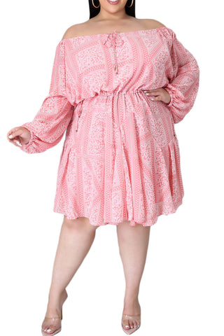 Final Sale Plus Size Off The Shoulder Dress in Coral Print Summer