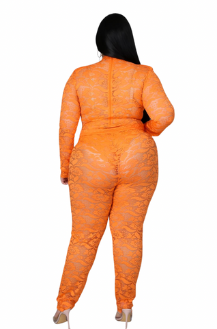 Final Sale Plus Size 2pc Lace Bodysuit & Pants in Orange