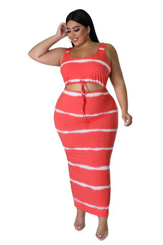 Final Sale Plus Size Ribbed 2pc Crop Drawstring Top and Pencil Skirt Set in Red and White Stripe Print