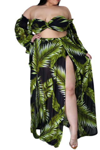 Final Sale Plus Size 3pc Playsuit Set in Navy with Olive Tropical Palm Print