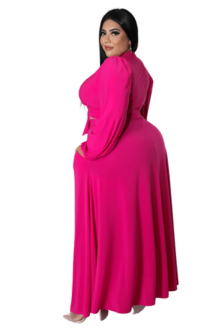 Final Sale Plus Size 2pc Long Sleeve Crop Tie Top and Skirt Set in Fuchsia