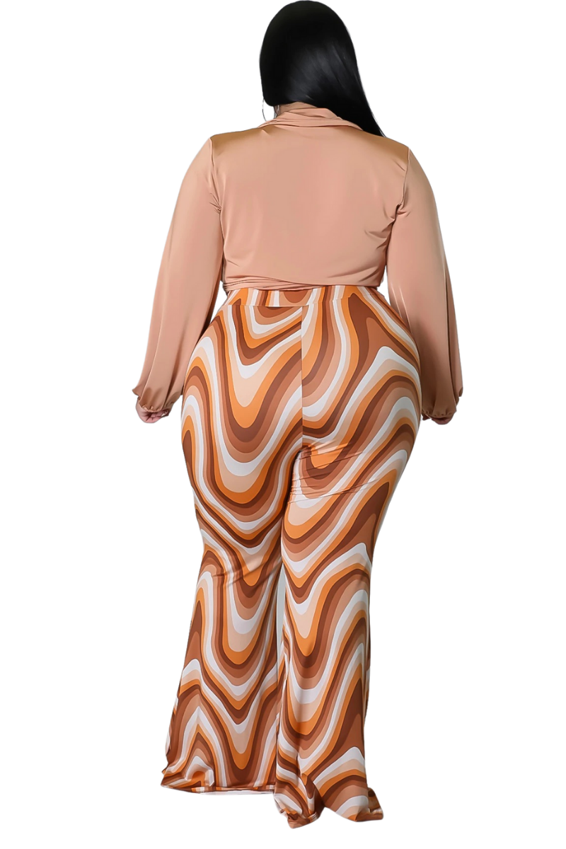 Final Sale Plus Size 2pc Long Sleeve Crop Tie Top and Pants in Camel Multi Color Design Print