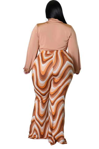 Final Sale Plus Size 2pc Long Sleeve Crop Tie Top and Pants in Camel Multi Color Design Print