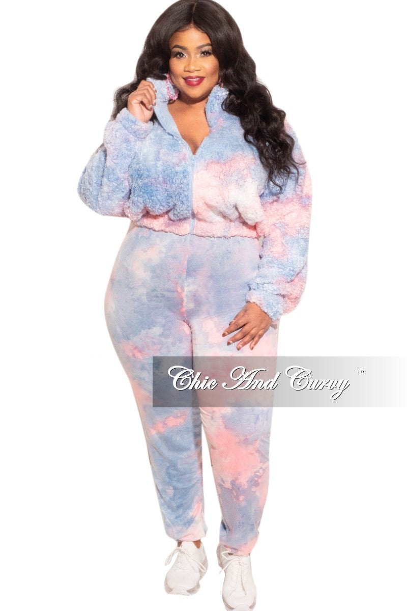 Final Sale Plus Size 2-Piece Set Fleece Jacket & Legging in Blue & Pink