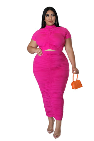 Final Sale Plus Size 2pc Set Ruched Crop Top & Skirt in Hot Pink