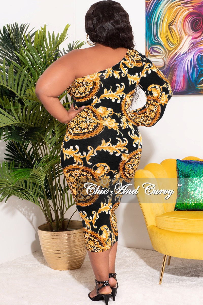 Final Sale Plus Size One Bell Sleeve BodyCon Dress in Black and Gold Print