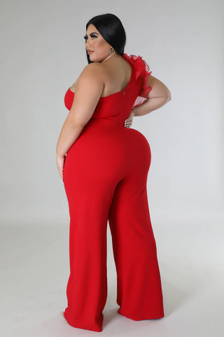 Final Sale Plus Size One Shoulder Ruffle Jumpsuit in Red
