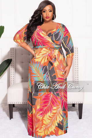Final Sale Plus Size Deep V-Neck Faux Wrap Dress with 3/4 Sleeves in Orange Multi Leaf Print
