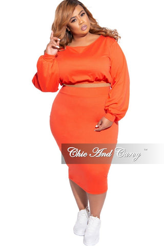 Final Sale Plus Size Exclusive 2-Piece Set Long Sleeve Top and High Waist Pencil Skirt in Orange